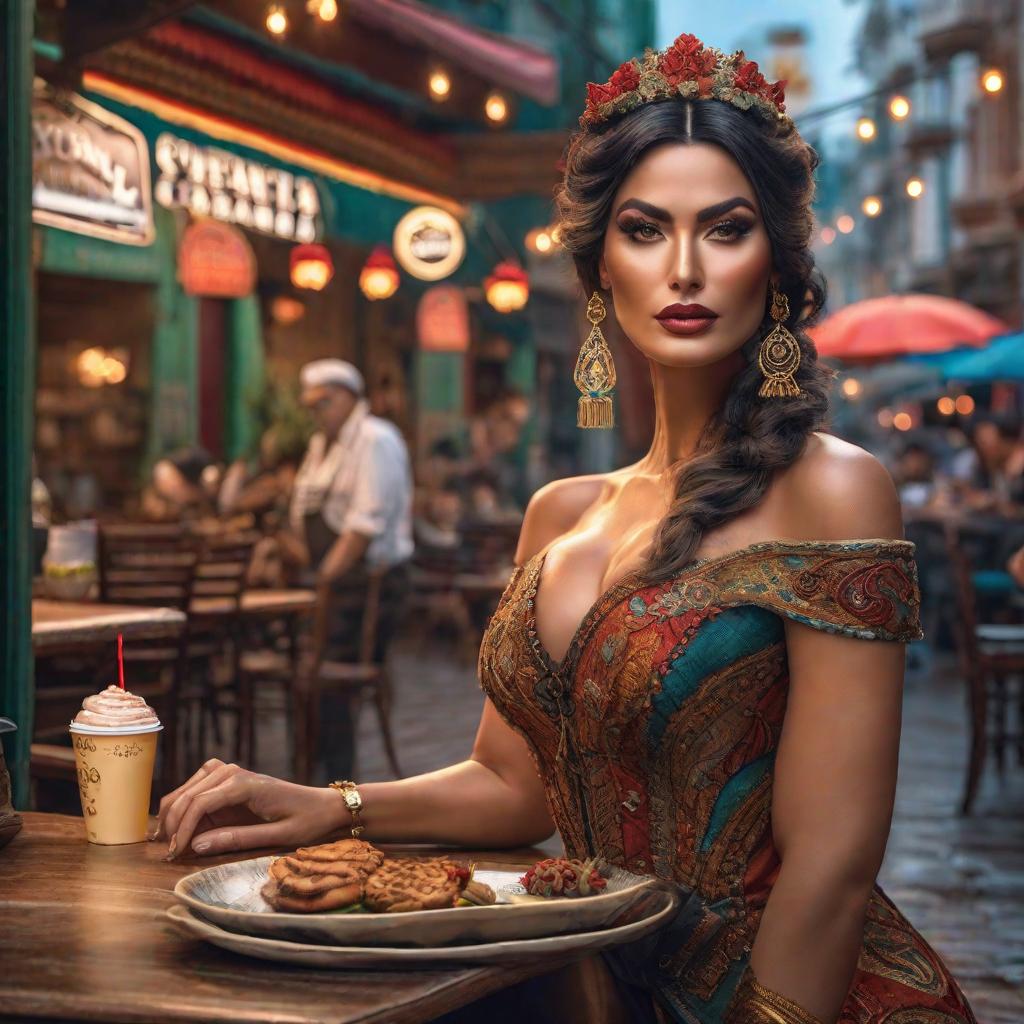  La mujer maravilla tomamdo cafe hyperrealistic, full body, detailed clothing, highly detailed, cinematic lighting, stunningly beautiful, intricate, sharp focus, f/1. 8, 85mm, (centered image composition), (professionally color graded), ((bright soft diffused light)), volumetric fog, trending on instagram, trending on tumblr, HDR 4K, 8K