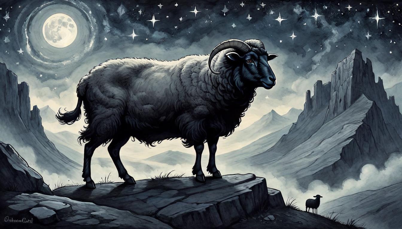  on parchment, surrealism+++, A shadowy sheep, its black fur absorbing the light around it, stands alone on a craggy hill under a vault of stars, embodiment of independence, defiance, stark contrast, isolation in unity, dark allure, mystical ambiance(mysterious, provocative, symbolic,muted color)+++