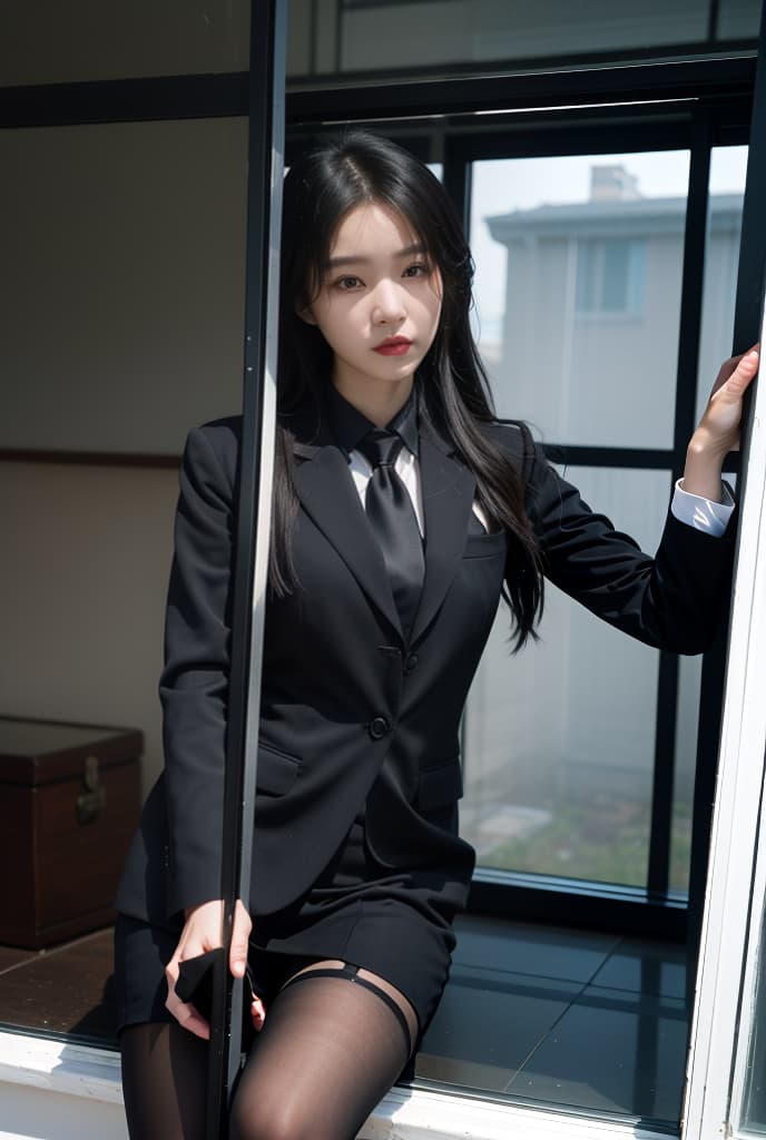  woman in a black suit and stockings posing on a window sill, mai anh tran, in suit, wearing black suit, by Lü Ji, elegant suit, black suit, full body set, lei min, business outfit, leslie zhang, gemma chen, wearing suit, body harness, in suit with black gles, jia ruan, louise zhang, ADVERTISING PHOTO,high quality, good proportion, masterpiece , The image is captured with an 8k camera and edited using the latest digital tools to produce a flawless final result.