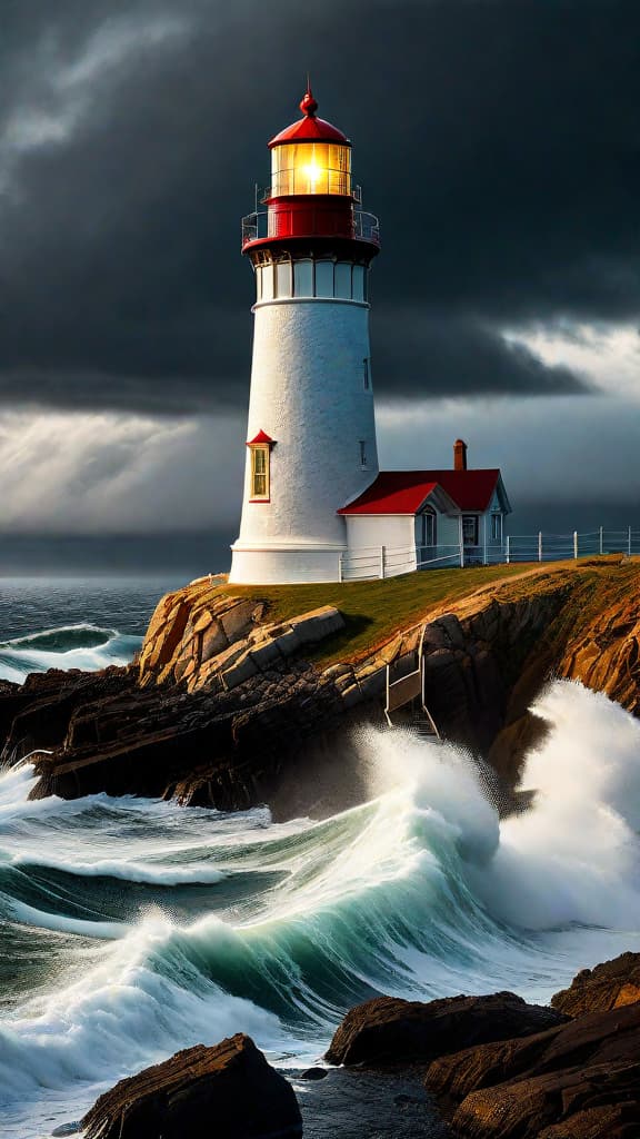  (A picturesque coastal lighthouse on Merrill Point, its golden beam casting a shimmering path across the restless, stormy sea. The lighthouse is perched atop a rocky cliffside, with crashing waves and dark clouds in the background, setting the scene for an adventurous and mysterious discovery.) hyperrealistic, full body, detailed clothing, highly detailed, cinematic lighting, stunningly beautiful, intricate, sharp focus, f/1. 8, 85mm, (centered image composition), (professionally color graded), ((bright soft diffused light)), volumetric fog, trending on instagram, trending on tumblr, HDR 4K, 8K