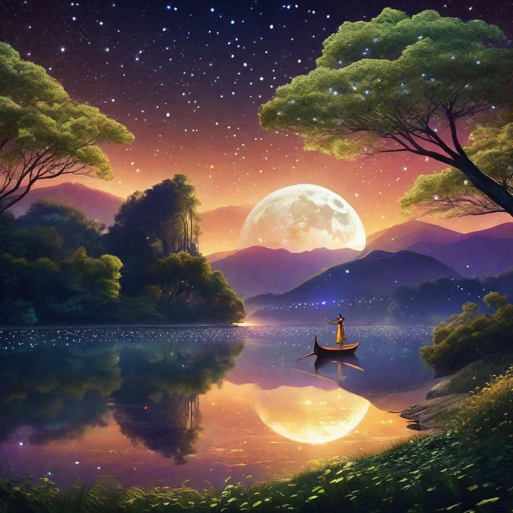  Prompt: "Imagine a delightful scene set along the Hangang River under the spectacular night sky, filled with twinkling stars and illuminated by the vibrant glow of the moon. The forgotten prince from the story, inherently courageous, is standing on the riverbank, dressed in shining clothes that mirror the glow of the night fairies flying around him. He looks hopeful, his eyes noticeably filled with the thrill of an impending, auspicious journey. In the near distance, a group of adventurers, the companions of the prince, are setting up a magical boat, preparing to embark on a journey along the river. The adventurers are robust but kind-hearted, their strength visible in their sturdy shoulders and defined muscles. However, their eyes radiat hyperrealistic, full body, detailed clothing, highly detailed, cinematic lighting, stunningly beautiful, intricate, sharp focus, f/1. 8, 85mm, (centered image composition), (professionally color graded), ((bright soft diffused light)), volumetric fog, trending on instagram, trending on tumblr, HDR 4K, 8K