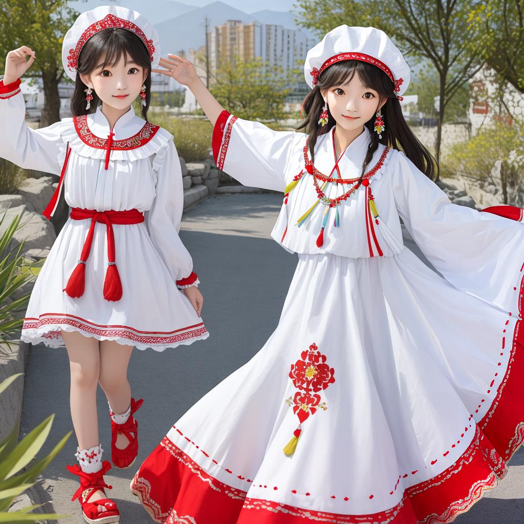  masterpiece, best quality,modern puffy summer dress ethno kyrgyz vibes main colors white and red,