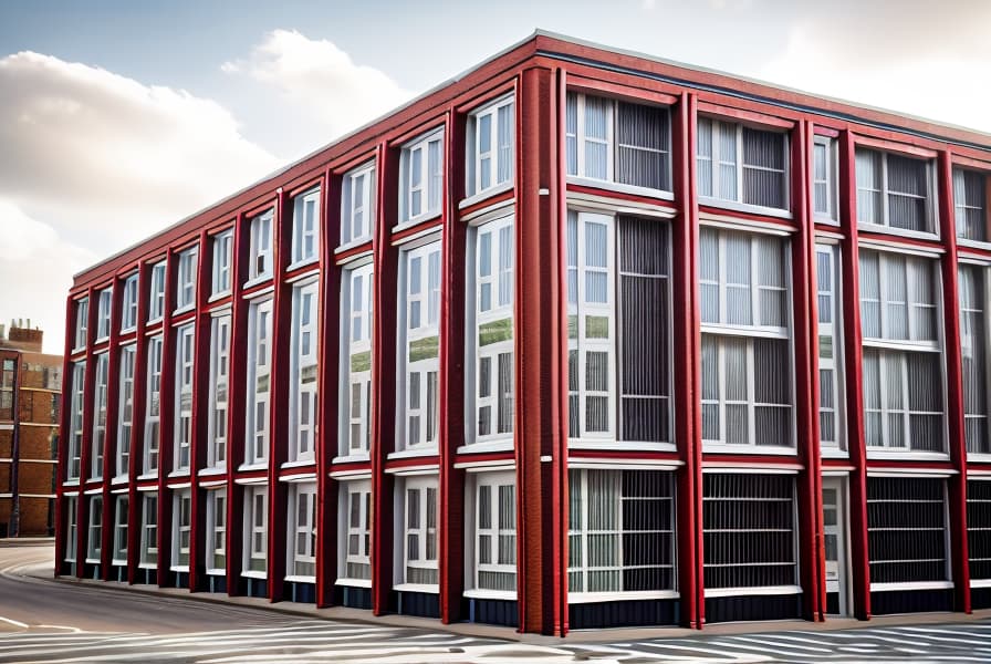  a red brick building, ultra modern and hi tech, designed by Norman Foster, black window frames, in a busy street of London, The image is captured with an 8k camera and edited using the latest digital tools to produce a flawless final result.,ADVERTISING PHOTO,high quality,good proportion,masterpiece 