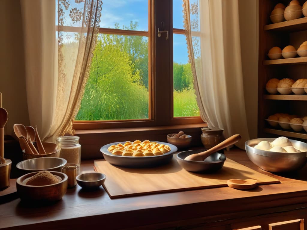  An ultradetailed, photorealistic image of a vintage kitchen filled with traditional baking tools like wooden rolling pins, ceramic mixing bowls, and a rustic cookbook open to a page with a handwritten recipe for a traditional pastry. Sunlight streams in through a lace curtain, casting warm shadows on the worn wooden table where ingredients like flour, eggs, and sugar are carefully measured out in antique measuring cups. The scene exudes a sense of nostalgia and warmth, inviting the viewer to step back in time and experience the art of traditional baking. hyperrealistic, full body, detailed clothing, highly detailed, cinematic lighting, stunningly beautiful, intricate, sharp focus, f/1. 8, 85mm, (centered image composition), (professionally color graded), ((bright soft diffused light)), volumetric fog, trending on instagram, trending on tumblr, HDR 4K, 8K