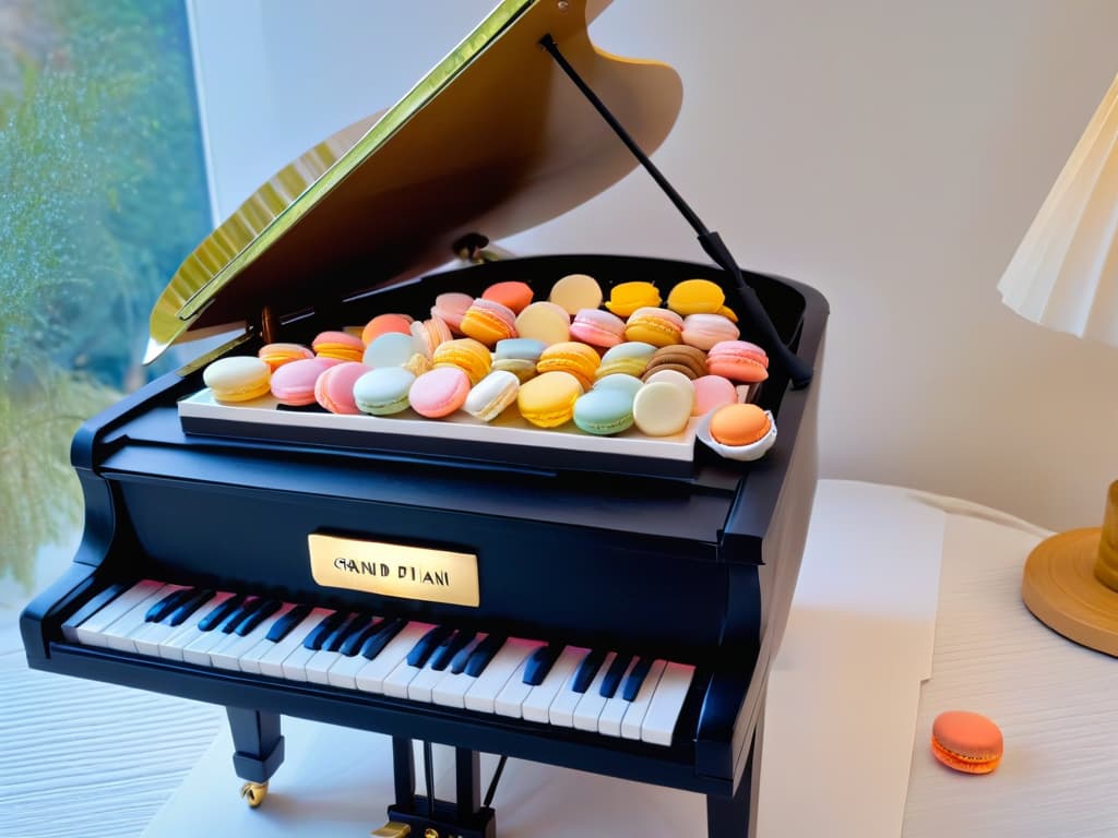  An elegant and minimalistic image of a grand piano with delicate pastelcolored macarons arranged on the keys, showcasing a harmonious blend of classical music and inspired desserts. The soft lighting highlights the intricate details of the macarons, symbolizing the fusion of flavors and melodies in a sophisticated and artistic manner. hyperrealistic, full body, detailed clothing, highly detailed, cinematic lighting, stunningly beautiful, intricate, sharp focus, f/1. 8, 85mm, (centered image composition), (professionally color graded), ((bright soft diffused light)), volumetric fog, trending on instagram, trending on tumblr, HDR 4K, 8K