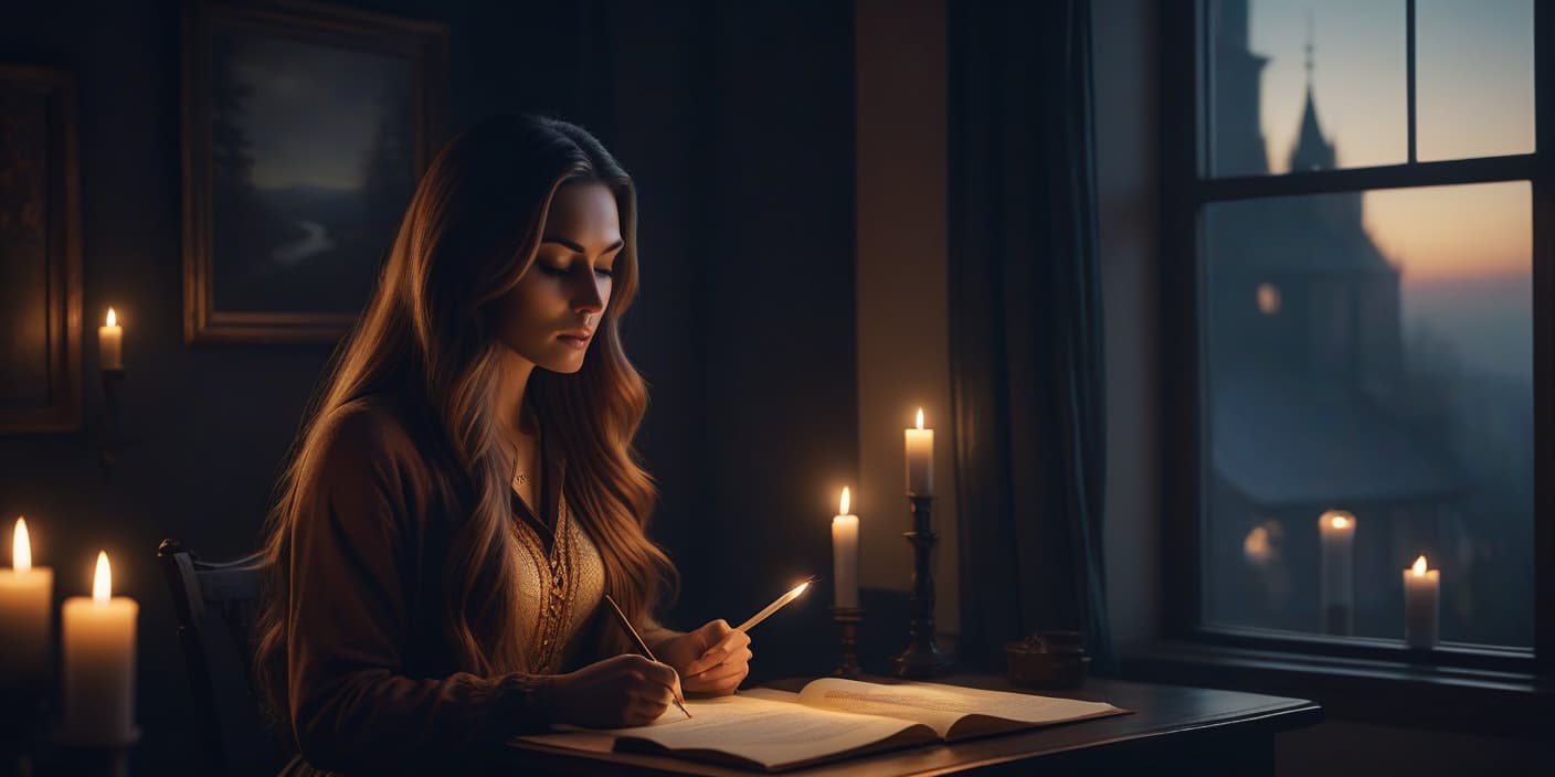  A long haired girl writes poems at night by the window with the light of candles. hyperrealistic, full body, detailed clothing, highly detailed, cinematic lighting, stunningly beautiful, intricate, sharp focus, f/1. 8, 85mm, (centered image composition), (professionally color graded), ((bright soft diffused light)), volumetric fog, trending on instagram, trending on tumblr, HDR 4K, 8K