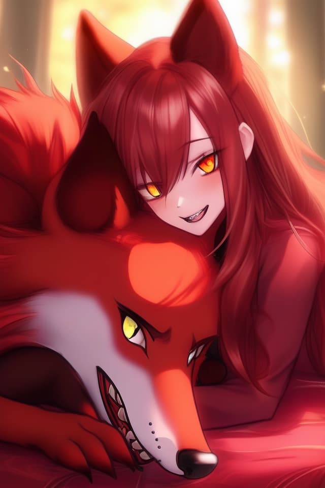  ((Wolf of a non beast person and a red animal wolf)) Masterpiece, {Vampire, Red Hair Color, (Beautiful Amber Eyes, Clear and Sparkling) (With Fangs) {not a beast)} Wolf, Red Fur, Cuddling} High Quality, 8k