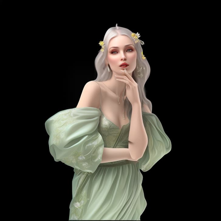 mdjrny-v4 style Create a Fantasy style avatar of a female Elf. The character should have long, flowing silver hair adorned with delicate flowers. Her eyes should be almond shaped and bright green. She should wear an elegant, fitted tunic with intricate leaf patterns and embroidery. Her ears should be pointed and prominent, long, sharp, visible from behind the hair, a defining feature of Elves. She should have a graceful and slender build, with pale, smooth skin. The background should feature an enchanted forest with tall, ancient trees and dappled sunlight filtering through the leaves.