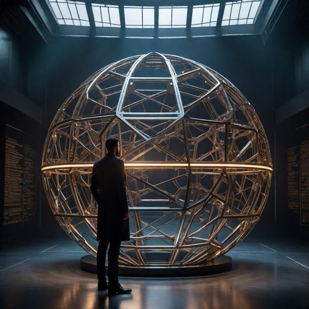  A large, spherical structure with an intricate geometric design, similar to a complex metallic orb with interconnected lines and nodes. It is illuminated from within by a focal light source. The text 'AI VILLAINS' is placed at the bottom of the image. A silhouette of a person stands in front of the sphere, facing it, creating a theme of confrontation or dominance. The overall lighting creates a dramatic and potentially ominous atmosphere, with strong contrasts and shadows. The background is dark, enhancing the focal points of light and structure. The overall mood reflects themes of artificial intelligence and its potential antagonistic roles. hyperrealistic, full body, detailed clothing, highly detailed, cinematic lighting, stunningly beautiful, intricate, sharp focus, f/1. 8, 85mm, (centered image composition), (professionally color graded), ((bright soft diffused light)), volumetric fog, trending on instagram, trending on tumblr, HDR 4K, 8K