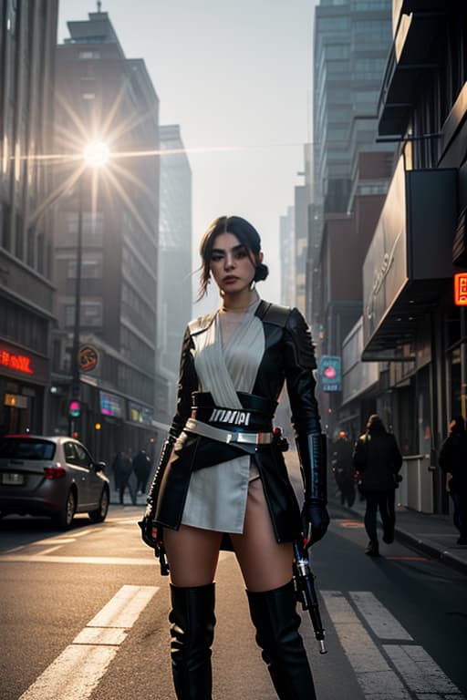   on city street with lightsaber, Star Wars costume, looking a viewer, long black hair, blue eyes, tattoos, short , knee high boots, large , big lips hyperrealistic, full body, detailed clothing, highly detailed, cinematic lighting, stunningly beautiful, intricate, sharp focus, f/1. 8, 85mm, (centered image composition), (professionally color graded), ((bright soft diffused light)), volumetric fog, trending on instagram, trending on tumblr, HDR 4K, 8K