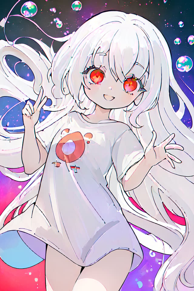  ((absurdres,highres,superlative)),((texture,contrast,top quality,masterpiece)),(madeon,bubble background) BREAK solo,girl,kawaii,happy smile,dot mouth,white hair,very long hair,curly hair,wide eyed,red eyes,light particle eyes,oversized T shirt,white T shirt,(dynamic angle,dynamic posing),