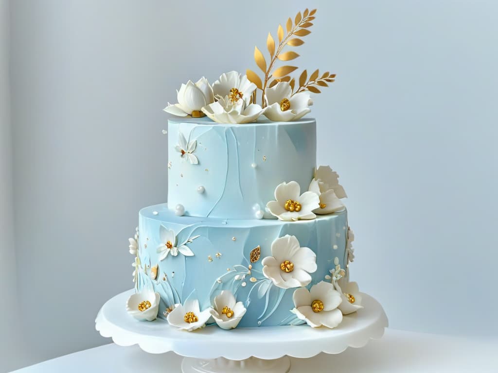  An ultradetailed closeup image of a delicate, intricately decorated threetiered cake. The cake features a flawless smooth white fondant exterior with handpainted gold accents, intricate sugar flowers in various pastel colors cascading down one side, and delicate gold leaf detailing. The image captures the exquisite craftsmanship and artistry involved in advanced pastry techniques, showcasing the perfect balance of elegance and creativity. hyperrealistic, full body, detailed clothing, highly detailed, cinematic lighting, stunningly beautiful, intricate, sharp focus, f/1. 8, 85mm, (centered image composition), (professionally color graded), ((bright soft diffused light)), volumetric fog, trending on instagram, trending on tumblr, HDR 4K, 8K