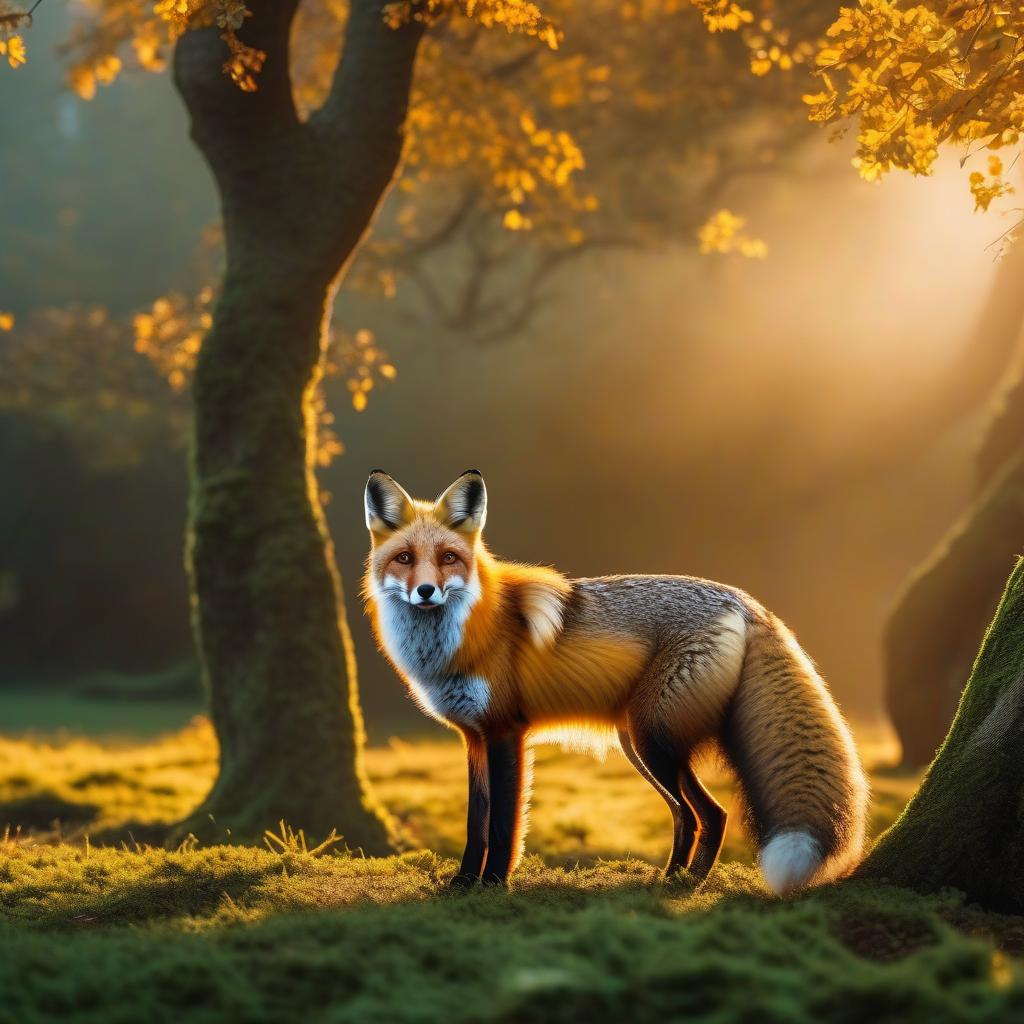  A photo of white crown. It is sitting on the green oak tree with a piece of cheese in it's mouth and a red fox is under the tree looking at cheese. Do it in realistic style. hyperrealistic, full body, detailed clothing, highly detailed, cinematic lighting, stunningly beautiful, intricate, sharp focus, f/1. 8, 85mm, (centered image composition), (professionally color graded), ((bright soft diffused light)), volumetric fog, trending on instagram, trending on tumblr, HDR 4K, 8K