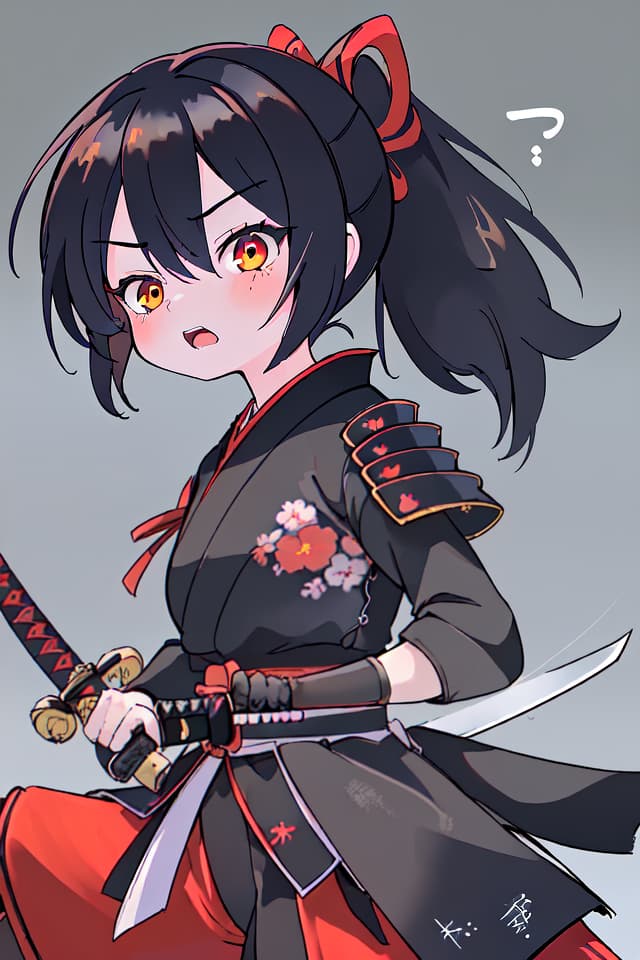  ultra detailed:1.2,masterpiece:1.2,best quality,masterpiece,bestquality,hdr:1.1,8k:1.1,very cute girl:1.3,samurai girl:1.3,red samurai armor:1.3,black hair:1.2,pony tail:1.3,holding Japanese sword:1.3,katana:1.3,upper body:1.1,dutch angel:1.3,(battle stance,katana slash:1.4),face focus:1.4,(spoken kanji 斬:1.1)open mouth:1.3