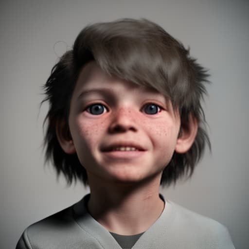 redshift style a child have a bad hair and his face is sadly and he try to smile but he can't