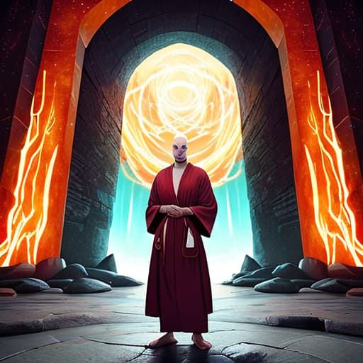  bald man in robes in front of a fiery portal