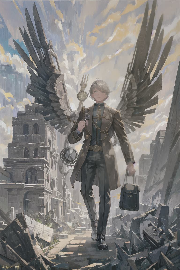  master piece , best quality,Gray hair, short hair, male, fallen angel, military, steampunk