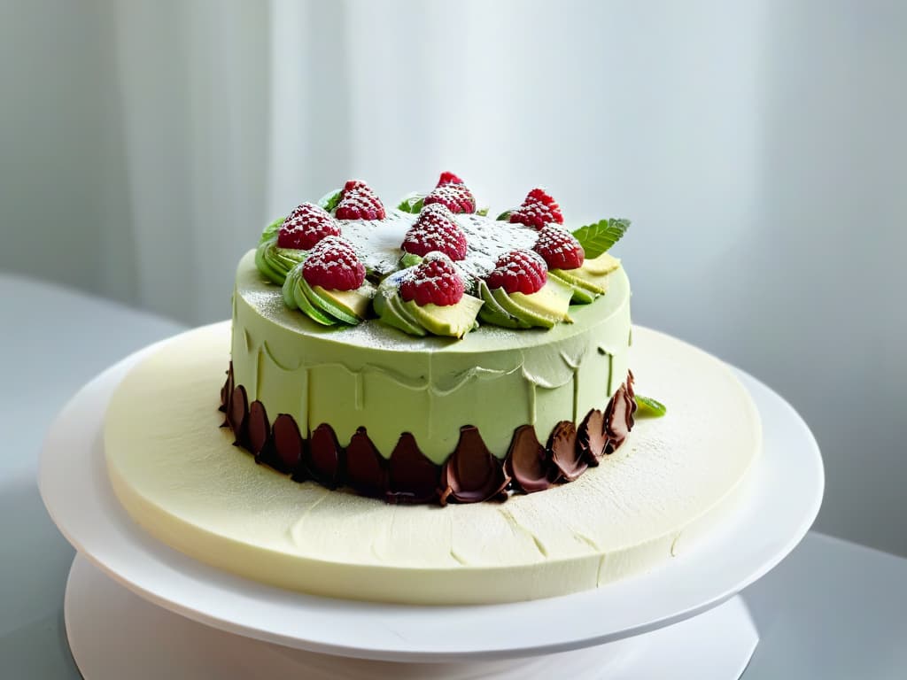  A highresolution image of an intricately designed ketofriendly layered cake, featuring alternating layers of rich chocolate sponge and creamy avocado frosting, topped with fresh raspberries and delicate mint leaves, presented on a sleek, modern white cake stand against a soft focus background. The cake is elegantly decorated with a minimalist touch, showcasing the artistry and sophistication of ketofriendly desserts in the global culinary scene. hyperrealistic, full body, detailed clothing, highly detailed, cinematic lighting, stunningly beautiful, intricate, sharp focus, f/1. 8, 85mm, (centered image composition), (professionally color graded), ((bright soft diffused light)), volumetric fog, trending on instagram, trending on tumblr, HDR 4K, 8K