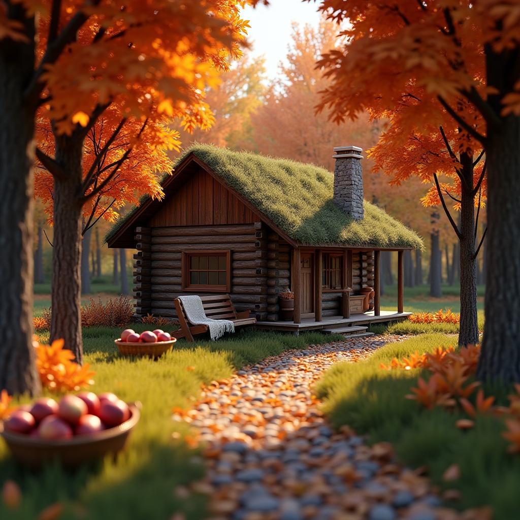  professional 3d model of a create an image of a cozy autumn forest with colorful leaves on the trees, soft sunlight shining through the foliage, and a narrow path leading to a small log house. around the house there is a wooden bench with a blanket on it, and a basket of apples is visible nearby., octane render, highly detailed, volumetric, dramatic lighting