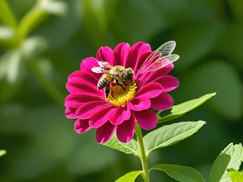  An ultradetailed image of a delicate honeybee collecting nectar from a vibrant pink flower, showcasing the intricate details of the bee's wings, the flower's petals, and the surrounding lush greenery. The sunlight glistens on the bee's iridescent wings as it hovers gracefully over the flower, capturing a serene moment in nature's delicate balance. hyperrealistic, full body, detailed clothing, highly detailed, cinematic lighting, stunningly beautiful, intricate, sharp focus, f/1. 8, 85mm, (centered image composition), (professionally color graded), ((bright soft diffused light)), volumetric fog, trending on instagram, trending on tumblr, HDR 4K, 8K