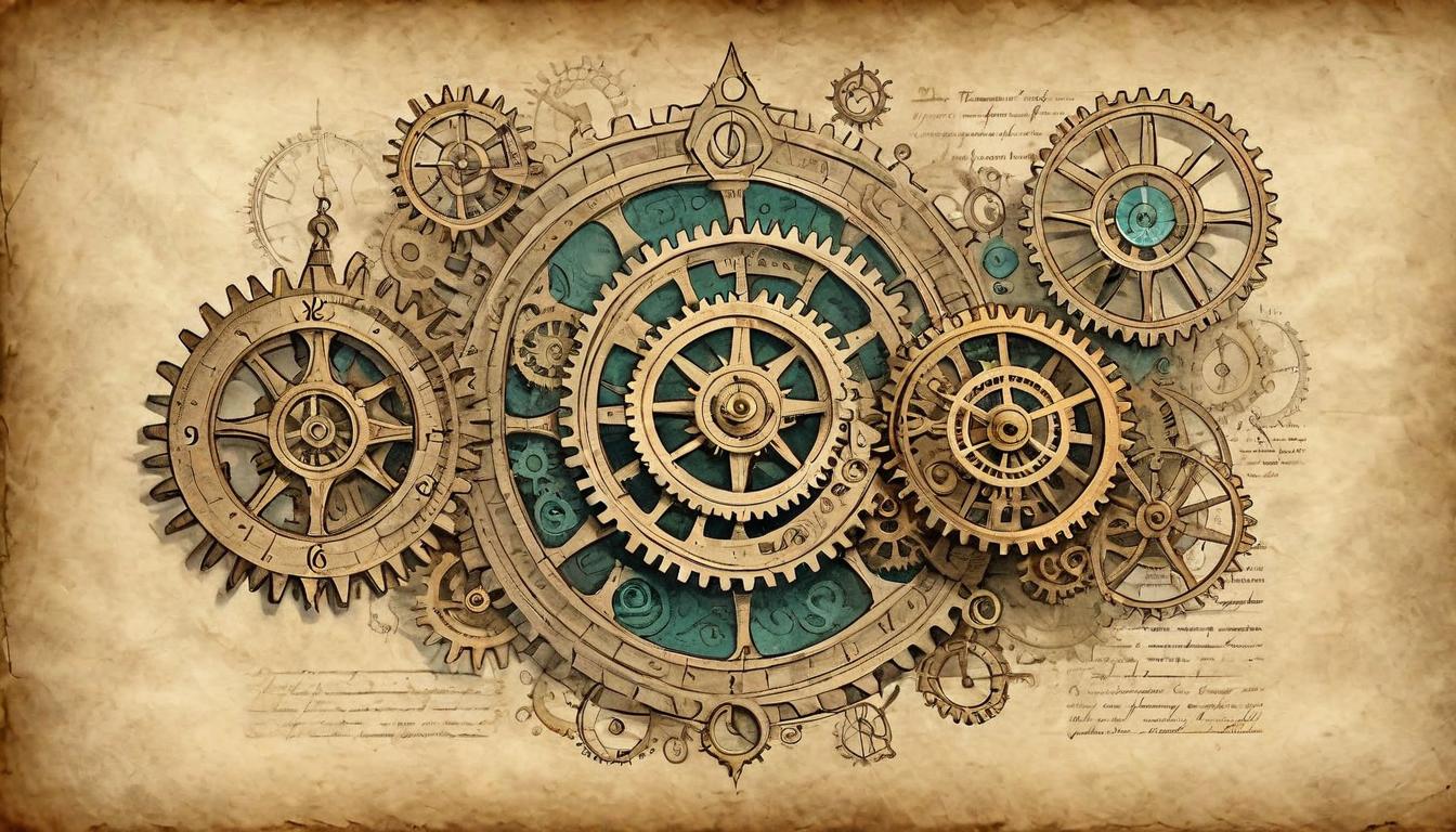  on parchment, surrealism+++, Ancient clockwork mechanism, gears and cogs intricately interlocked, glowing with ethereal light, old parchment background, mystical and arcane(mysterious, provocative, symbolic,muted color)+++