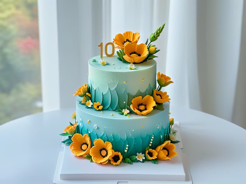  An intricately decorated cake featuring layers of vibrant, gradient colors symbolizing the journey of mental health recovery. The cake is adorned with delicate fondant flowers in various stages of bloom, representing resilience and growth. Light filters through a nearby window, casting a soft, ethereal glow on the masterpiece, highlighting its exquisite details and textures. hyperrealistic, full body, detailed clothing, highly detailed, cinematic lighting, stunningly beautiful, intricate, sharp focus, f/1. 8, 85mm, (centered image composition), (professionally color graded), ((bright soft diffused light)), volumetric fog, trending on instagram, trending on tumblr, HDR 4K, 8K