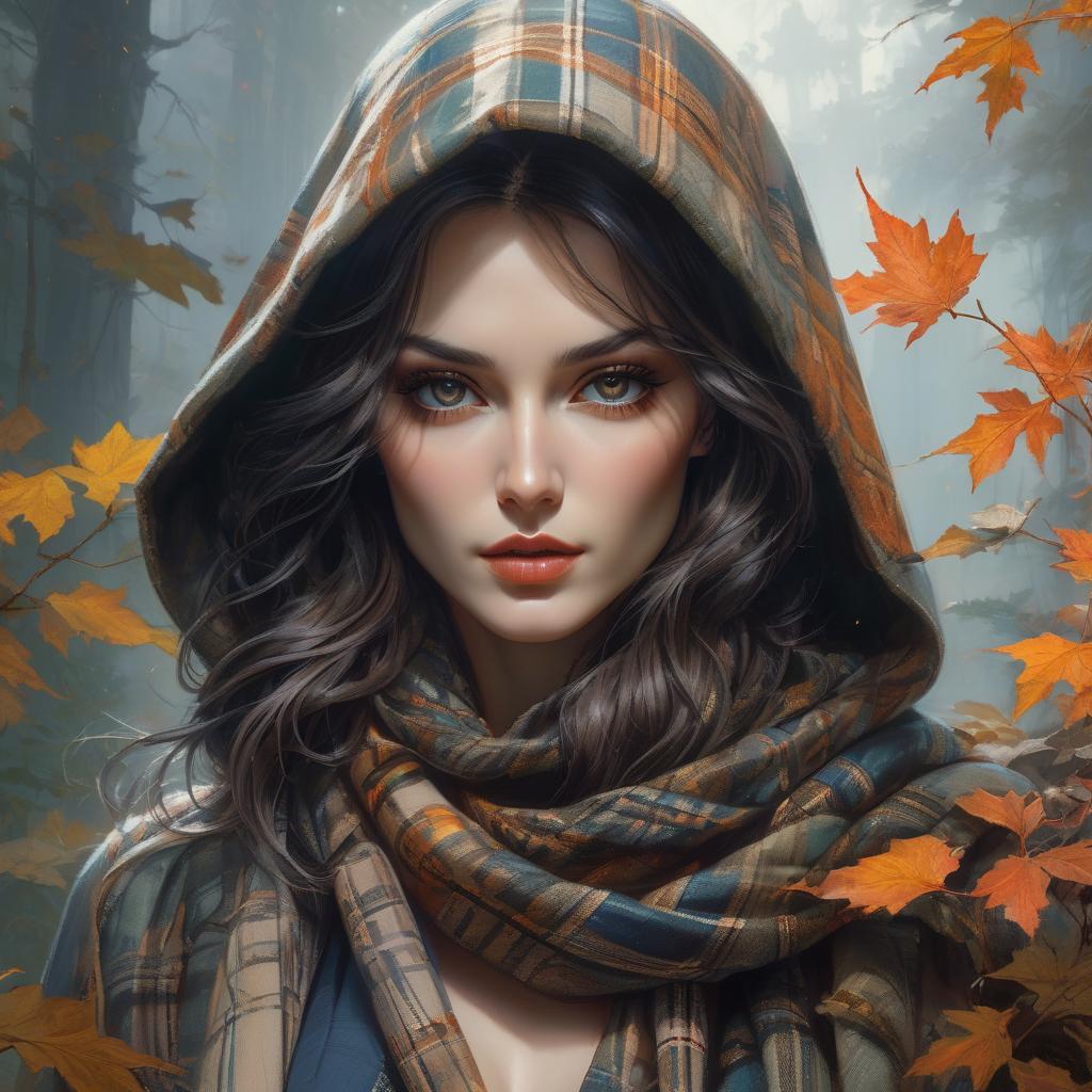  hyperrealistic art Mysteriously Hooded Scottish Widow Tartan long hair cinematic panorama scarf leaves wind reimagined as digital pointillism beautiful gesture expression by Tran Nguyen Jeremy Mann Frank Frazetta Carne Griffiths WLOP, Intricate, Complex contrast, HDR, Sharp, soft Cinematic Volumetric lighting, stylized colours, wide long shot, perfect fantasy art masterpiece . extremely high resolution details, photographic, realism pushed to extreme, fine texture, incredibly lifelike hyperrealistic, full body, detailed clothing, highly detailed, cinematic lighting, stunningly beautiful, intricate, sharp focus, f/1. 8, 85mm, (centered image composition), (professionally color graded), ((bright soft diffused light)), volumetric fog, trending on instagram, trending on tumblr, HDR 4K, 8K