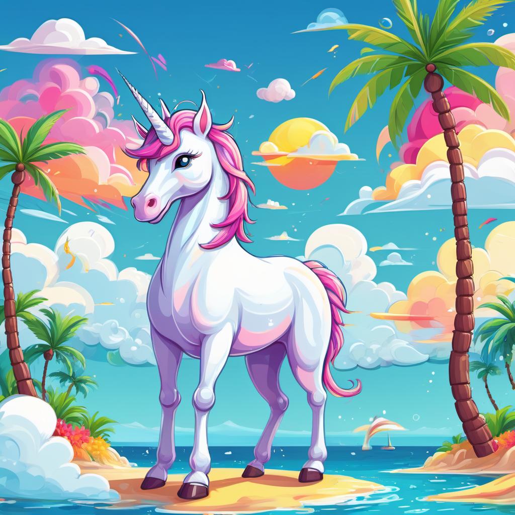  abstract style Cartoon unicorn, clouds, summer, detailed picture, 4k, palm trees, ocean. . non-representational, colors and shapes, expression of feelings, imaginative, highly detailed