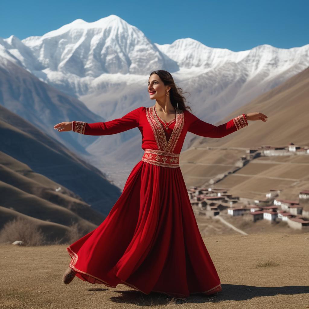  cinematic film still woman 30-40 years old, in national Georgian costume, dancing against the backdrop of mountains, khinkali flying around, photorealism, best quality, soft light, good color saturation, contrast, highly detailed model, quality of detail, in perfect focus, ultra-high quality , 8k ultra hd, symmetry of characters, macro photography, raw camera, the best color space, professional shooting . shallow depth of field, vignette, highly detailed, high budget, bokeh, cinemascope, moody, epic, gorgeous, film grain, grainy