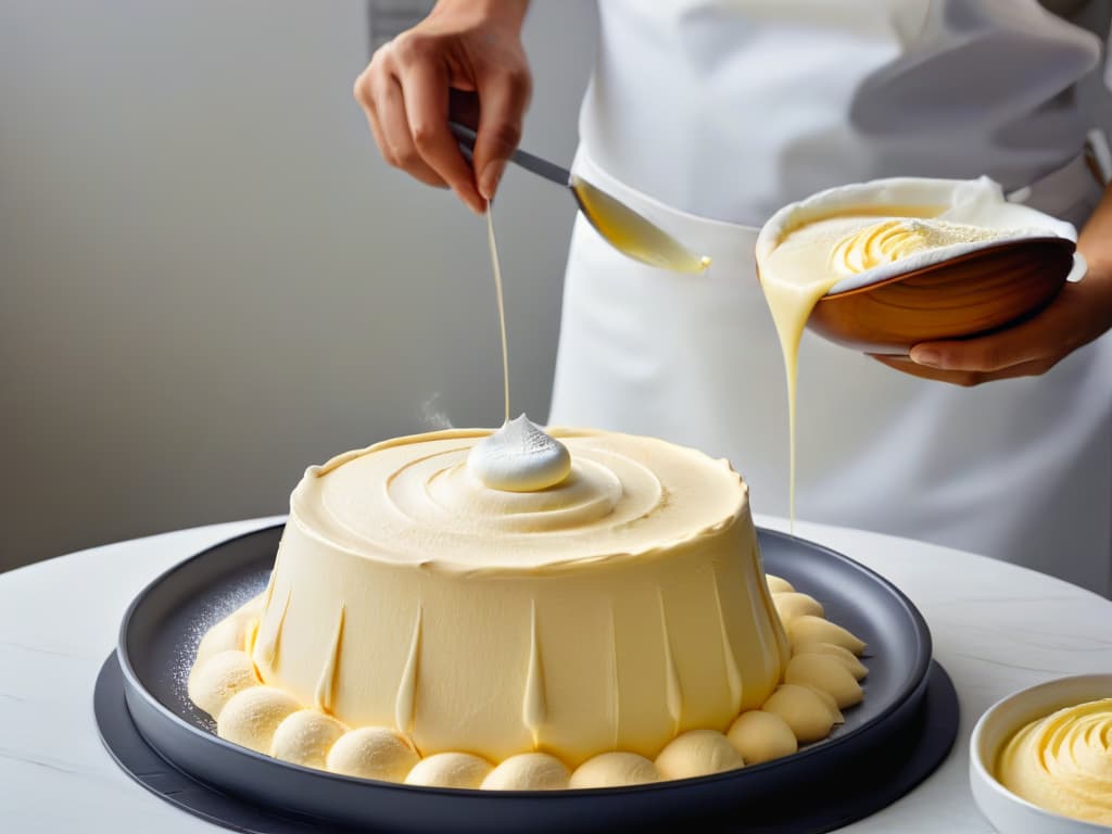  A closeup, photorealistic image of a professional baker expertly whisking a bowl of batter, showcasing the intricate motion and texture transformation as the ingredients blend together seamlessly. The focus is on the details of the batter, highlighting the smooth consistency and air bubbles forming, creating a visually inspiring and informative visual depiction of the importance of whisking techniques in achieving the desired final texture of creams and doughs. hyperrealistic, full body, detailed clothing, highly detailed, cinematic lighting, stunningly beautiful, intricate, sharp focus, f/1. 8, 85mm, (centered image composition), (professionally color graded), ((bright soft diffused light)), volumetric fog, trending on instagram, trending on tumblr, HDR 4K, 8K