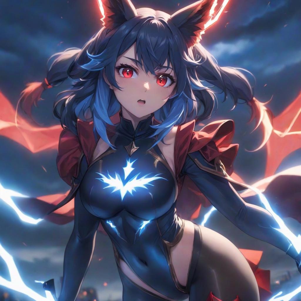   with red eyes, eerie glow, manga, emote, uwu, cute , stockings, ultra detailed, blue sky, blue lightning, blue sparks, agressive, dark, angry  hyperrealistic, full body, detailed clothing, highly detailed, cinematic lighting, stunningly beautiful, intricate, sharp focus, f/1. 8, 85mm, (centered image composition), (professionally color graded), ((bright soft diffused light)), volumetric fog, trending on instagram, trending on tumblr, HDR 4K, 8K