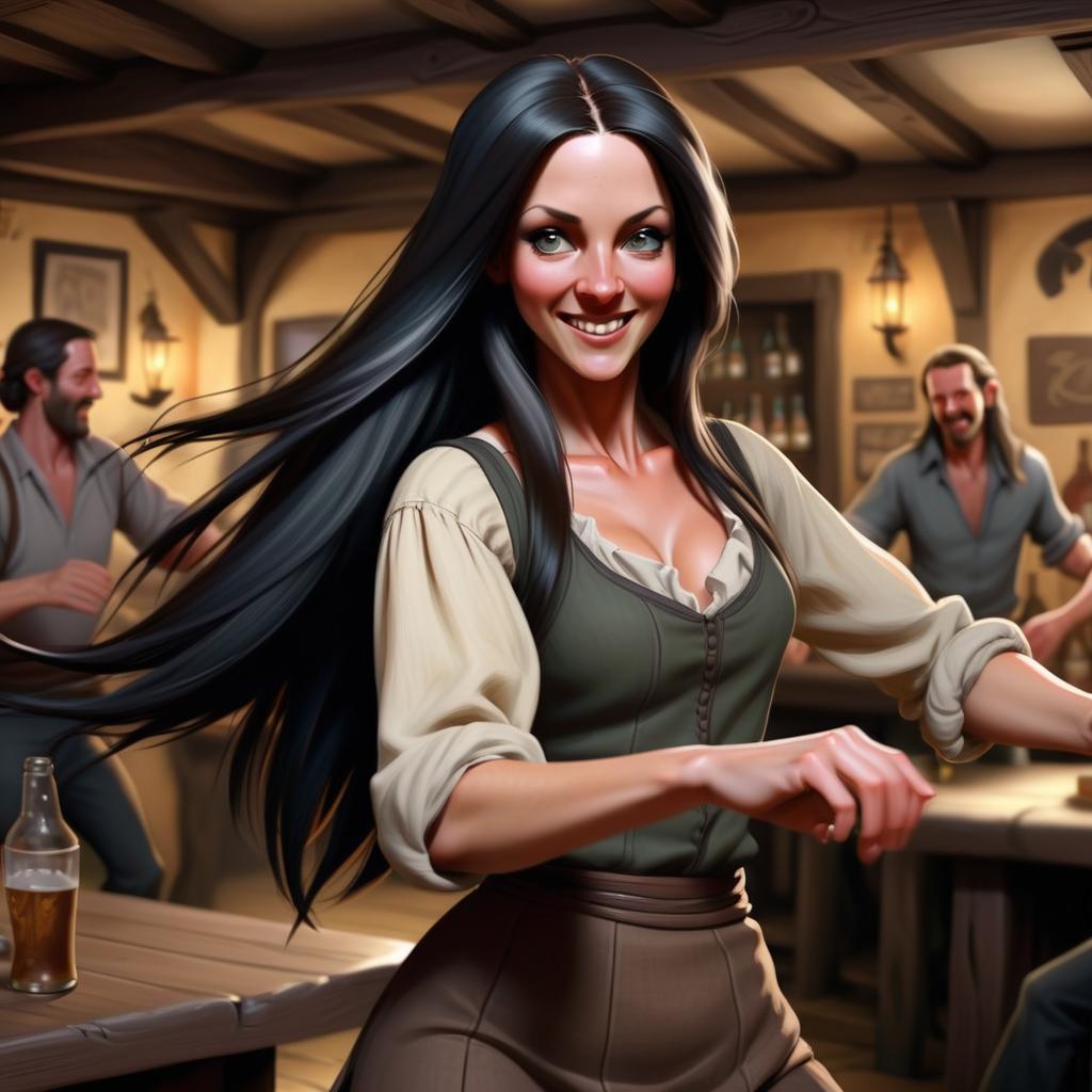  A woman in her thirties, with straight, black, long hair, is dancing in a tavern, in a realistic style.