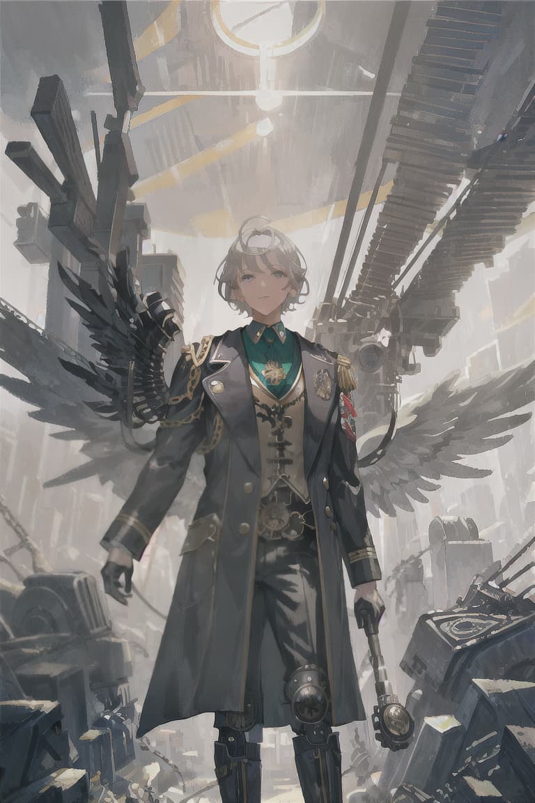  master piece , best quality,Gray hair, short hair, male, fallen angel, military, steampunk