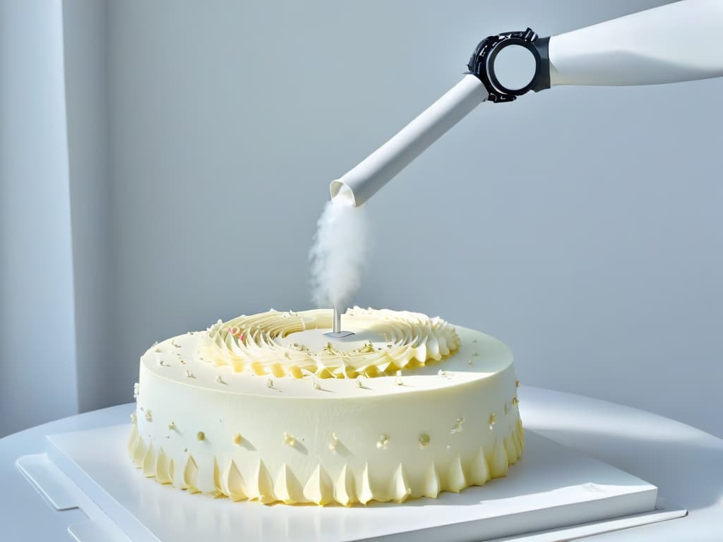  A sleek, modern robotic arm delicately piping intricate designs on a freshly baked cake, set against a pristine white background. The robot's metallic surface gleams under the soft studio lights, showcasing its precision and efficiency in enhancing food safety standards in the pastry industry. hyperrealistic, full body, detailed clothing, highly detailed, cinematic lighting, stunningly beautiful, intricate, sharp focus, f/1. 8, 85mm, (centered image composition), (professionally color graded), ((bright soft diffused light)), volumetric fog, trending on instagram, trending on tumblr, HDR 4K, 8K