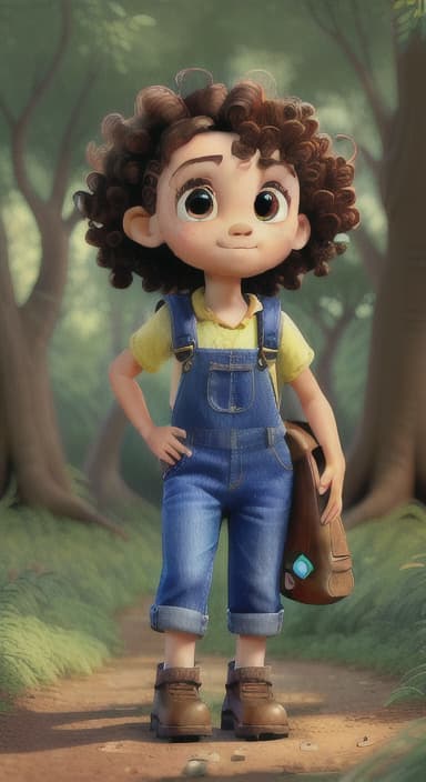  {The tree with a twinkling eye, while its leaves gently rustle., Riley, a curious with big brown eyes and curly hair, wearing overalls and carrying a small backpack. Their friend, Skye, a bluebird with shiny feathers.