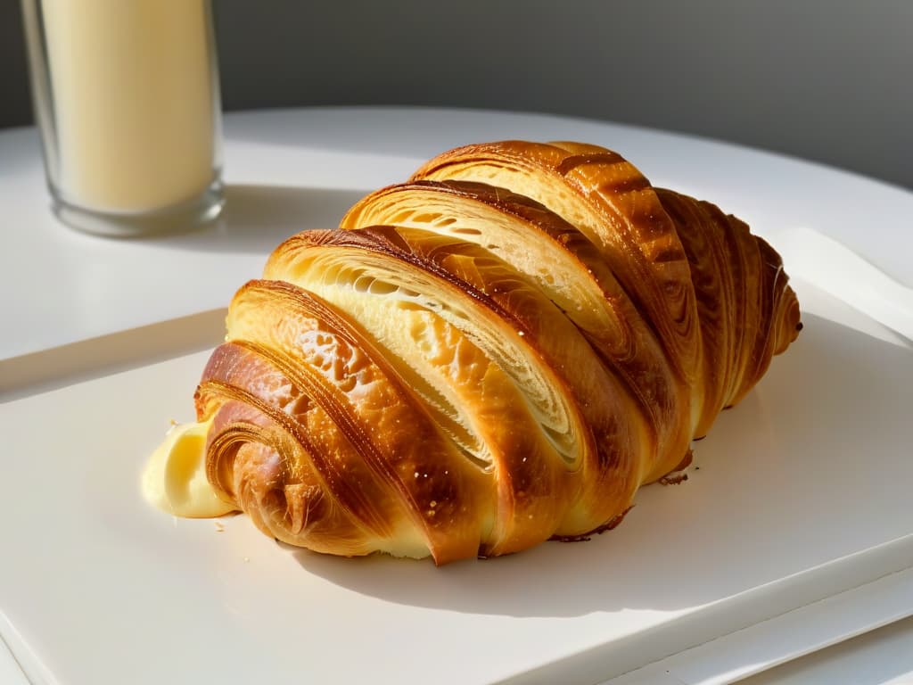  An ultradetailed image of a perfectly goldenbrown croissant, fresh out of the oven, with a thin, crispy crust that glistens with a light brush of butter. The croissant is delicately placed on a sleek, modern white plate, set against a simple, clean background to emphasize its flaky layers and inviting aroma. Each fold and layer of the croissant is meticulously captured, showcasing the expertise and care that goes into crafting the perfect baked goods with the finest ingredients like butter or margarine. hyperrealistic, full body, detailed clothing, highly detailed, cinematic lighting, stunningly beautiful, intricate, sharp focus, f/1. 8, 85mm, (centered image composition), (professionally color graded), ((bright soft diffused light)), volumetric fog, trending on instagram, trending on tumblr, HDR 4K, 8K