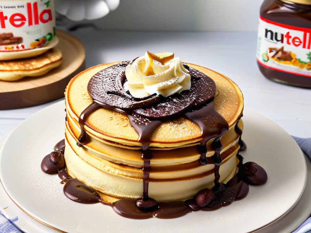  A closeup, ultradetailed image of a creamy, rich homemade vegan Nutella spread being delicately drizzled over a stack of golden, fluffy vegan pancakes. The glossy texture of the Nutella contrasts beautifully with the light, fluffy pancakes, creating a mouthwatering visual that captures the essence of indulgent yet wholesome plantbased treats. hyperrealistic, full body, detailed clothing, highly detailed, cinematic lighting, stunningly beautiful, intricate, sharp focus, f/1. 8, 85mm, (centered image composition), (professionally color graded), ((bright soft diffused light)), volumetric fog, trending on instagram, trending on tumblr, HDR 4K, 8K