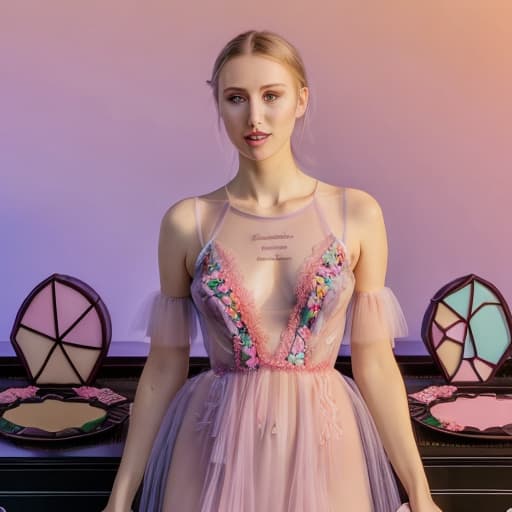  Beautiful Alica Schmidt showing body (transparent lace multi colored pastel dress with visible)(pink cheeks)(shadow lighting)(Superrealism)(Foreground: open box of fine dark chocolates on a small serving table)(Background beautiful mansion bedroom)(delicate hands and fingers)