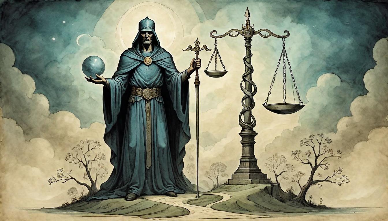  on parchment, surrealism+++, A towering figure made of intertwined paths, holding a scale balanced with lights and shadows, embodiment of justice and leadership, intersection of paths, guiding future.(mysterious, provocative, symbolic,muted color)+++