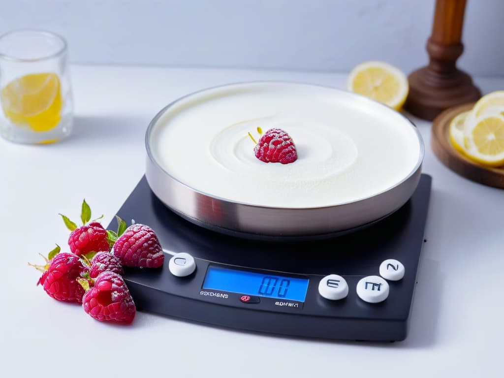  An ultradetailed, minimalist image of a pristine white marble countertop with a sleek black digital kitchen scale displaying precisely measured ingredients for baking. A scattering of vibrant red raspberries and a few rich, dark chocolate chunks add a pop of color against the clean backdrop, evoking a sense of precision and artistry in fusion baking. hyperrealistic, full body, detailed clothing, highly detailed, cinematic lighting, stunningly beautiful, intricate, sharp focus, f/1. 8, 85mm, (centered image composition), (professionally color graded), ((bright soft diffused light)), volumetric fog, trending on instagram, trending on tumblr, HDR 4K, 8K