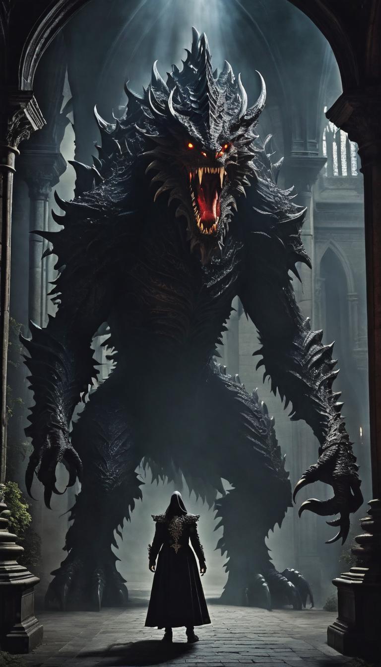  gothic style depiction of a monstrous creature lurking in the shadows. Dark, mysterious, scary, haunting, dramatic, ornate, detailed. . dark, mysterious, haunting, dramatic, ornate, detailed, hyperrealistic, full body, detailed clothing, highly detailed, cinematic lighting, stunningly beautiful, intricate, sharp focus, f/1. 8, 85mm, (centered image composition), (professionally color graded), ((bright soft diffused light)), volumetric fog, trending on instagram, trending on tumblr, HDR 4K, 8K