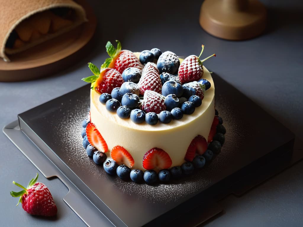  An ultradetailed image of a luxurious and minimalistic cheesecake variation, showcasing a perfectly smooth and creamy texture with a goldenbrown almond crust, topped with a vibrant arrangement of fresh berries (strawberries, blueberries, and raspberries) carefully placed in a geometric pattern. The berries are glistening, hinting at their juiciness, and the composition is set on a sleek, matte black plate, creating a visually striking contrast. The lighting is soft, casting gentle shadows that add depth and dimension to the dessert, emphasizing its gourmet appeal. hyperrealistic, full body, detailed clothing, highly detailed, cinematic lighting, stunningly beautiful, intricate, sharp focus, f/1. 8, 85mm, (centered image composition), (professionally color graded), ((bright soft diffused light)), volumetric fog, trending on instagram, trending on tumblr, HDR 4K, 8K