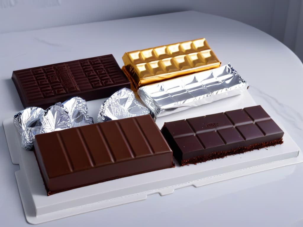  A minimalistic yet highly detailed image of a sleek, modern kitchen counter with an assortment of premium chocolate bars neatly arranged in a row. Each chocolate bar is elegantly wrapped in different colored foil, showcasing a variety of textures and shades. The lighting is soft and natural, casting gentle shadows that add depth to the scene. The overall aesthetic is clean, sophisticated, and visually appealing, capturing the essence of highquality chocolate used in baking and confectionery. hyperrealistic, full body, detailed clothing, highly detailed, cinematic lighting, stunningly beautiful, intricate, sharp focus, f/1. 8, 85mm, (centered image composition), (professionally color graded), ((bright soft diffused light)), volumetric fog, trending on instagram, trending on tumblr, HDR 4K, 8K