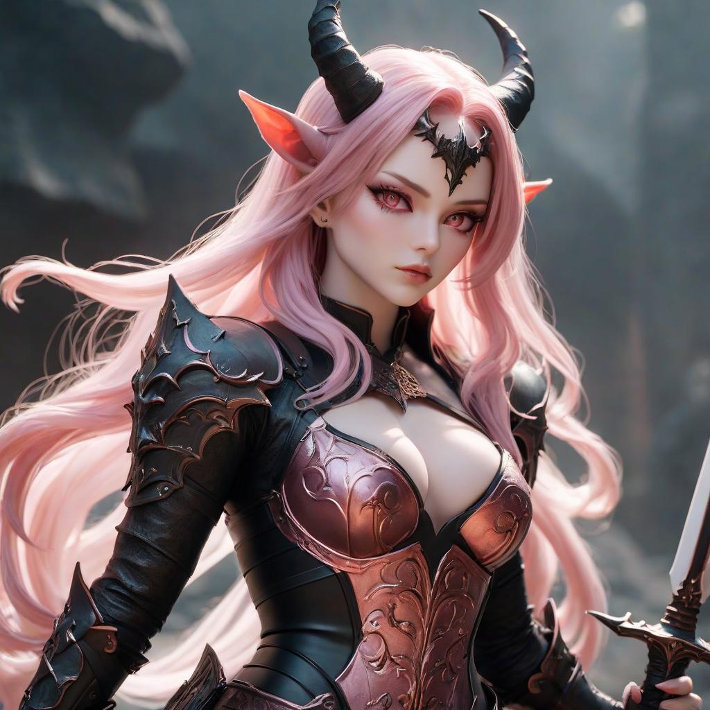  A demoness with horns, full body shot, long light pink wavy hair, red skin, black armor, long sword hyperrealistic, full body, detailed clothing, highly detailed, cinematic lighting, stunningly beautiful, intricate, sharp focus, f/1. 8, 85mm, (centered image composition), (professionally color graded), ((bright soft diffused light)), volumetric fog, trending on instagram, trending on tumblr, HDR 4K, 8K