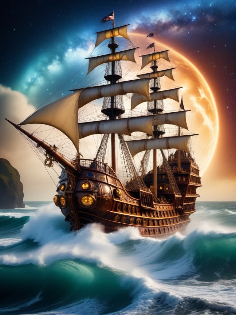  dreamscape a steampunk ship on high sea, huge waves, starry night, on eye level, scenic, full sharp . surreal, ethereal, dreamy, mysterious, fantasy, highly detailed