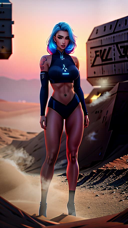  A pretty tattooed , , poses in front of a bunker. hyperrealistic, full body, detailed clothing, highly detailed, cinematic lighting, stunningly beautiful, intricate, sharp focus, f/1. 8, 85mm, (centered image composition), (professionally color graded), ((bright soft diffused light)), volumetric fog, trending on instagram, trending on tumblr, HDR 4K, 8K