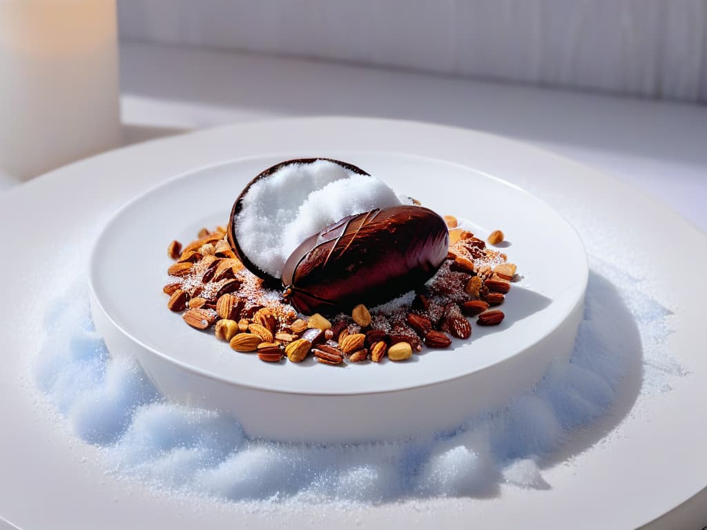  A closeup, highly detailed image of a single cacao bean resting on a bed of delicate white sugar crystals, showcasing the raw beauty of Fair Trade ingredients used in ethical baking. The cacao bean's textured surface contrasts with the smooth sugar crystals, highlighting the purity and simplicity of conscious ingredient choices in the realm of pastry making. hyperrealistic, full body, detailed clothing, highly detailed, cinematic lighting, stunningly beautiful, intricate, sharp focus, f/1. 8, 85mm, (centered image composition), (professionally color graded), ((bright soft diffused light)), volumetric fog, trending on instagram, trending on tumblr, HDR 4K, 8K