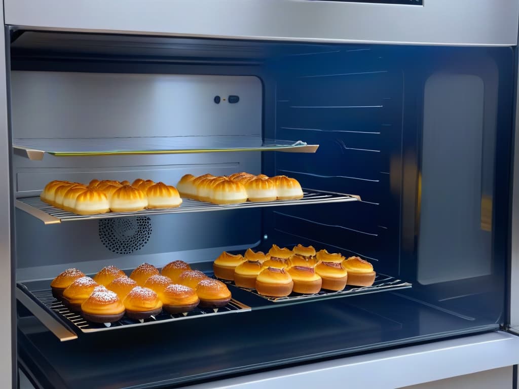  A minimalistic image featuring a sleek, modern convection oven with a transparent glass door, showcasing a batch of perfectly goldenbrown pastries baking inside. The oven is set against a clean, white backdrop, accentuating its stainless steel design and advanced technology. The pastries emit a tantalizing aroma, with wisps of steam gently rising, evoking a sense of anticipation and culinary mastery. The lighting is soft and focused, highlighting the intricate details of the oven's controls and the precise craftsmanship of the pastries, creating a visually striking and aspirational scene. hyperrealistic, full body, detailed clothing, highly detailed, cinematic lighting, stunningly beautiful, intricate, sharp focus, f/1. 8, 85mm, (centered image composition), (professionally color graded), ((bright soft diffused light)), volumetric fog, trending on instagram, trending on tumblr, HDR 4K, 8K