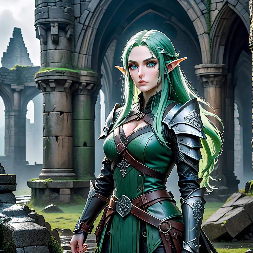  A half elf of tall stature and small s, with long green hair and blue eyes. She stands with a stern expression on her face in light black armor with a dagger in her hands, in front of an ancient ruined Gothic castle in the rainy weather. Near her, in the mist, is a supernatural being. hyperrealistic, full body, detailed clothing, highly detailed, cinematic lighting, stunningly beautiful, intricate, sharp focus, f/1. 8, 85mm, (centered image composition), (professionally color graded), ((bright soft diffused light)), volumetric fog, trending on instagram, trending on tumblr, HDR 4K, 8K