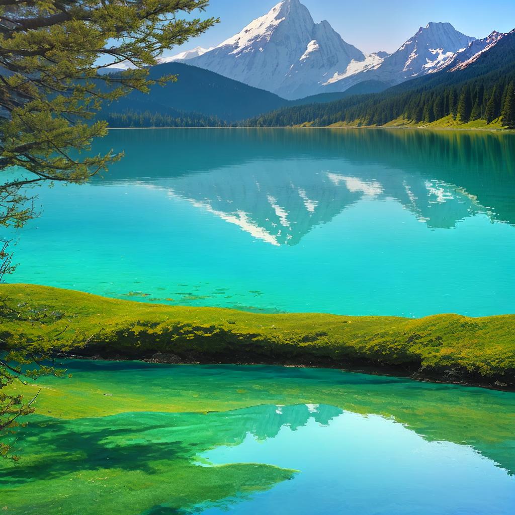  as a painting, Convey the serene majesty of towering mountains reflected in the crystal-clear waters of a tranquil alpine lake, using your unique artistic vision to evoke a sense of awe and tranquility.